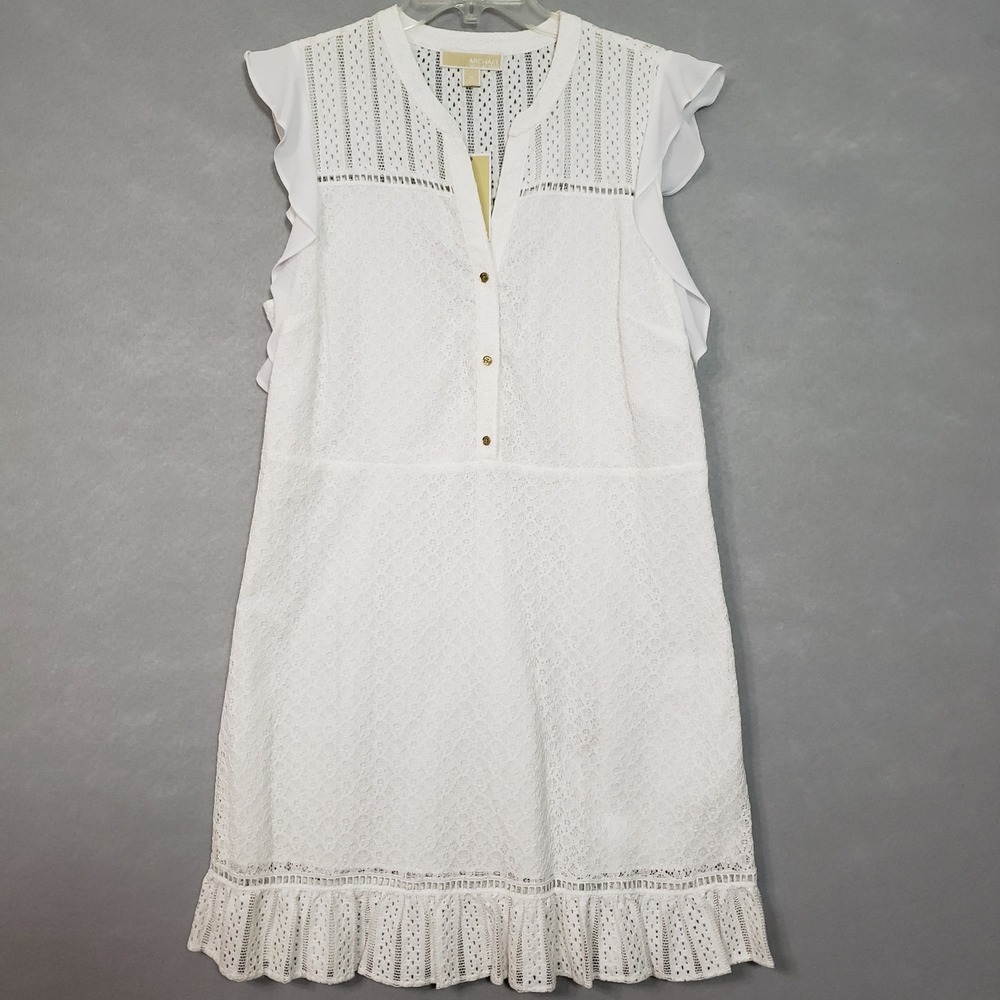 Michael Kors Womens XL Lace Dress White Ruffle Sleeve Eyelet Coastal Cottagecore